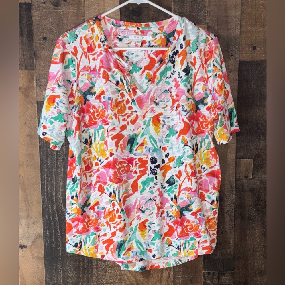 Chico's Floral V-Neck Short Sleeve Top in Pink, Orange, Green and Yellow